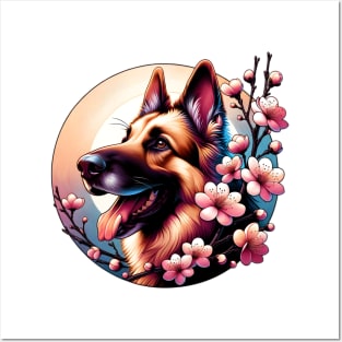 Joyful German Shepherd Dog with Spring Cherry Blossoms Posters and Art